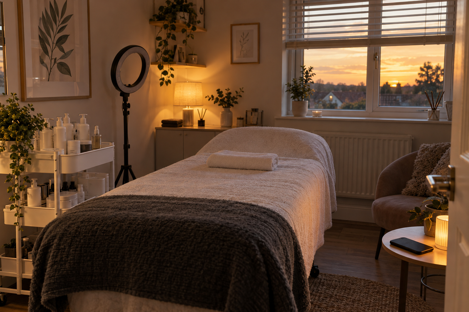 A beautician's treatment room at the end of the day, the couch made up and the phone face down.