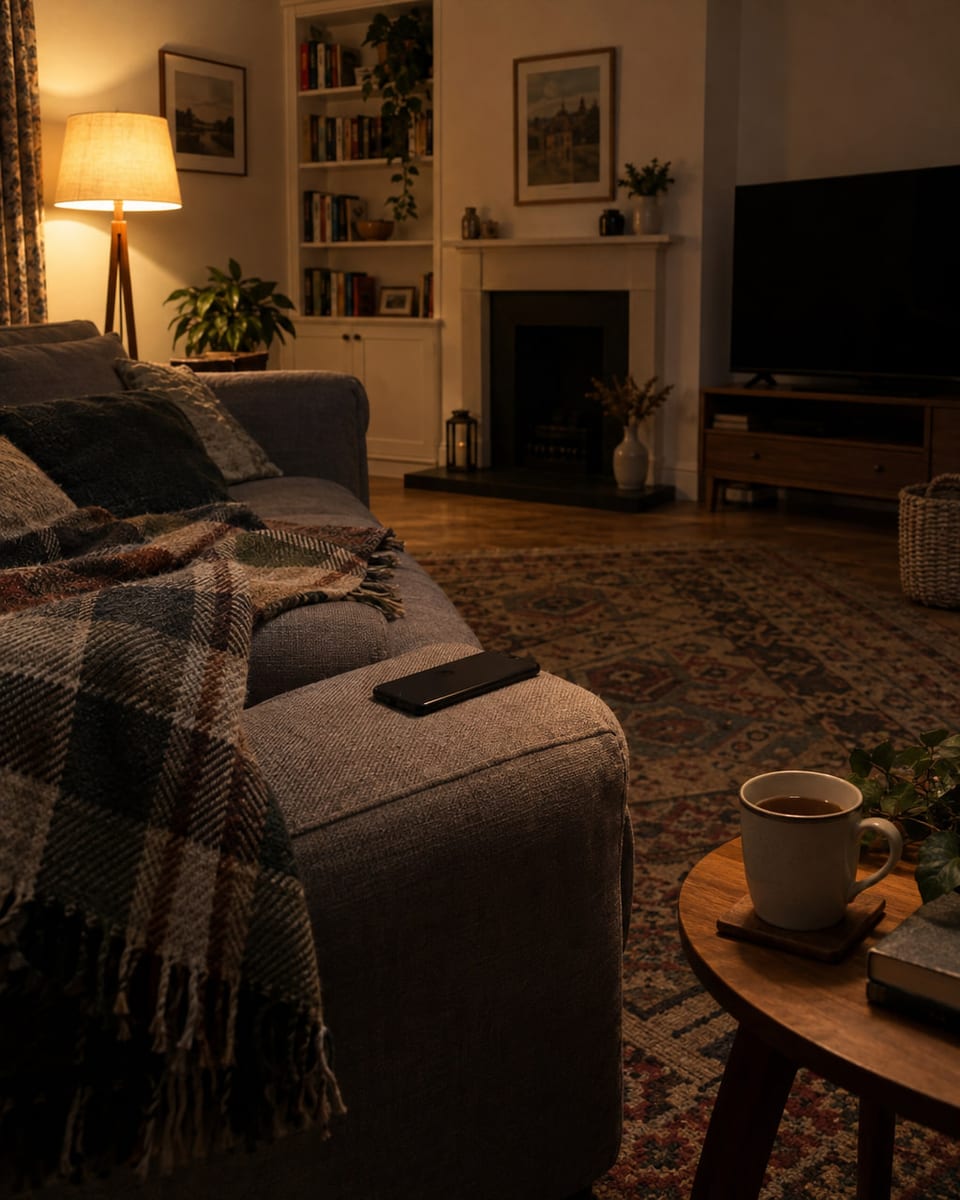 A sofa at twenty to ten at night: a phone face down on the arm, a mug of tea, nobody there.