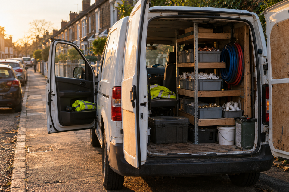 A tradesperson's van parked on a terraced street at the end of the day, the back open on tidy shelves.